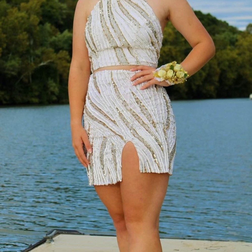 White and Gold Sequin Halter Dress